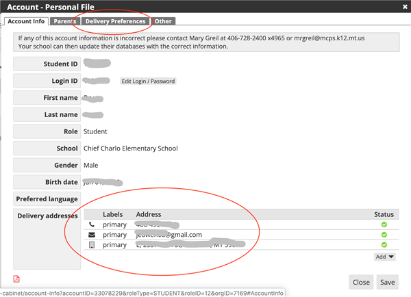 Screen shot of where parents will enter their contact preferences in Parent Link 